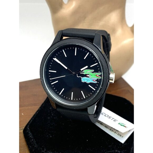 Lacoste Men's Watch 2011134 Quartz Croc Logo Black Dial Rubber Strap 42mm - Picture 1 of 13